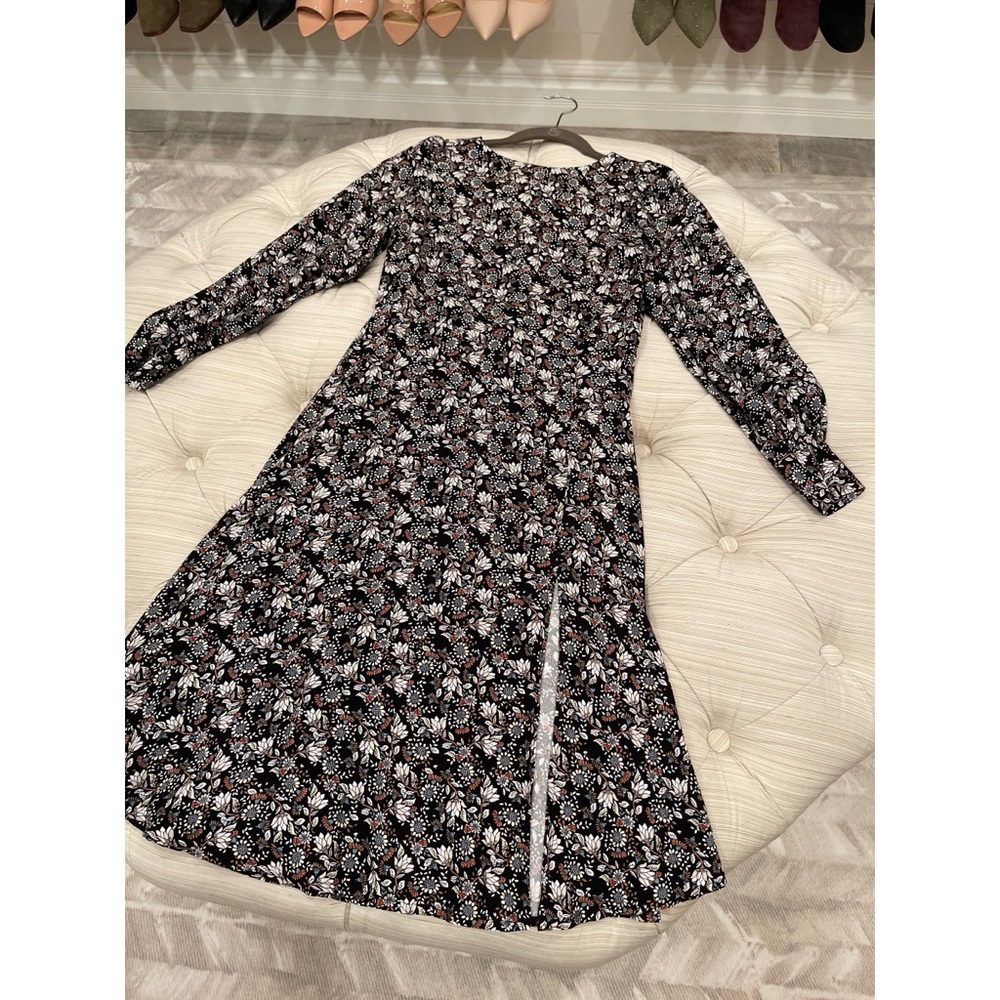 Loft Floral Black and Cream Long Sleeve Dress with Front Slit and Button Cuffs